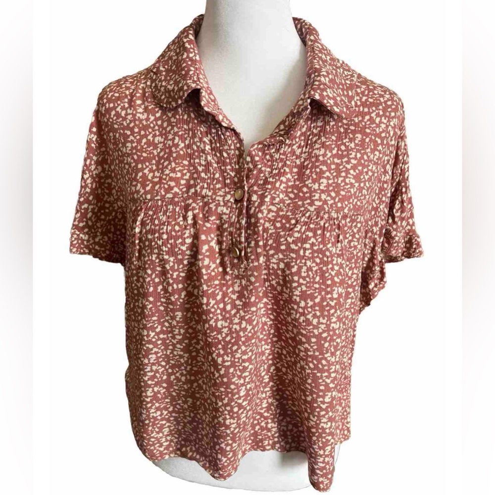 KIRIOUS DUSTY ROSE PINK & BEIGE Cropped Crepe Blouse Ruffle Sleeves Medium